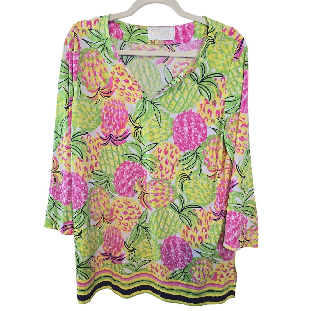Cappagallo Pineapple Print Tunic Top Long‎ Sleeve V Neck Womens Size L